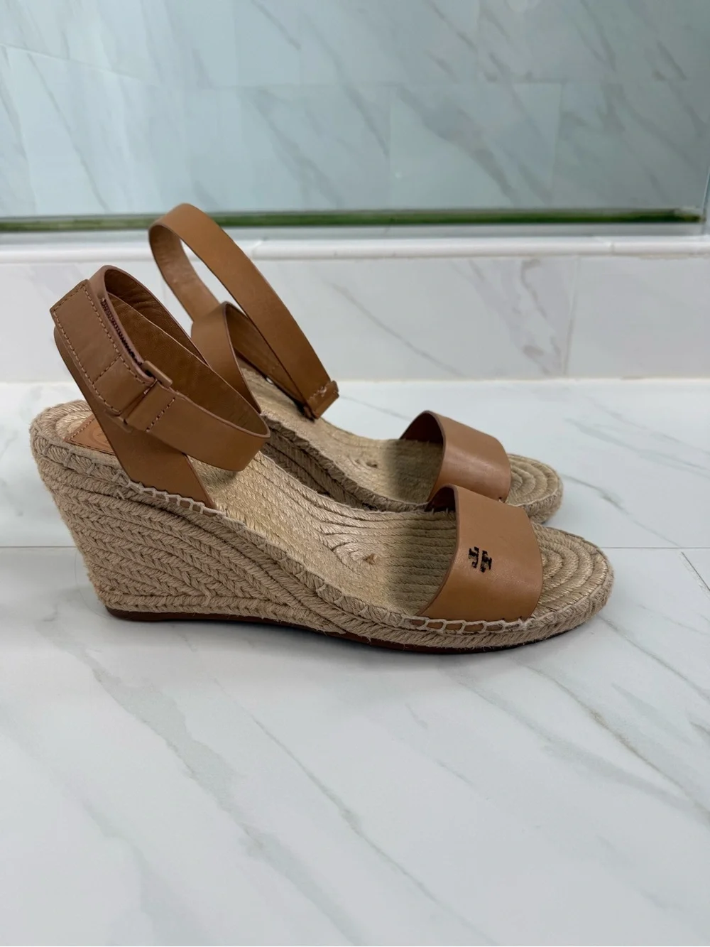 Tory Burch Tan Leather Espadrille Wedge Sandals- 9.5